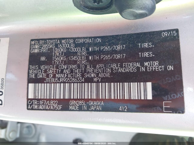 JTEBU5JR9G5286334 Toyota 1gr-fe