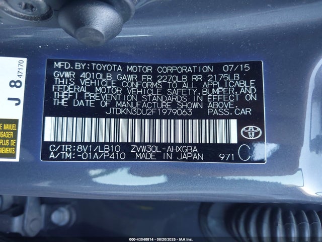Toyota 2zr-fxe+3jm 2015 JTDKN3DU2F1979063 Image 9