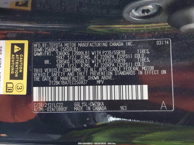 Lexus 2gr-fe 2014 2T2BK1BA7EC250827 Image 9