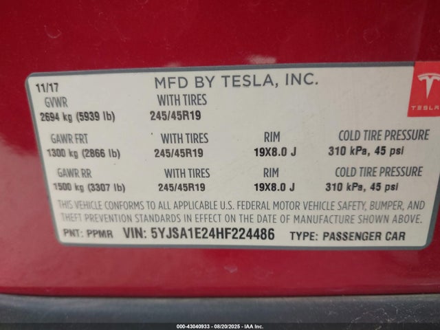 2017 TESLA MODEL S 5YJSA1E24HF224486 Photo 8