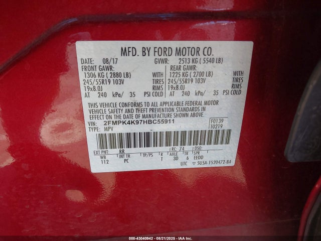 Ford 2.0l gtdi 2017 2FMPK4K97HBC55911 Image 9