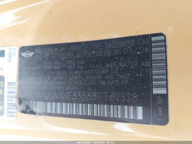 2008 MINI COOPER WMWMF33588TT62528 Photo 8