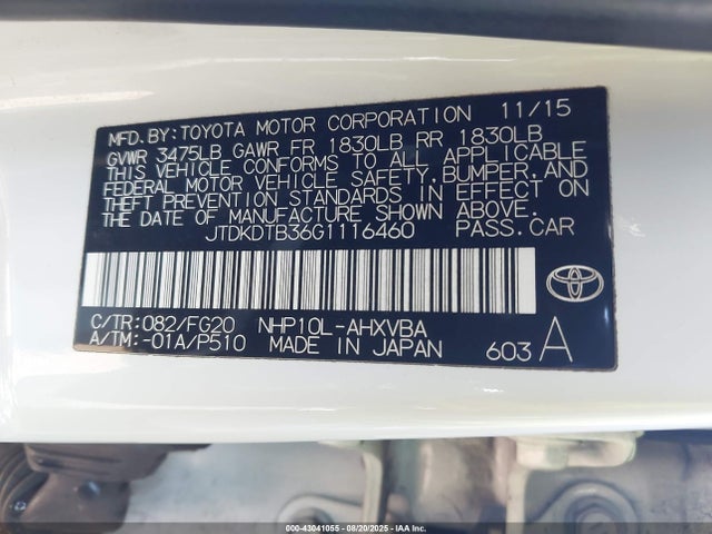 JTDKDTB36G1116460 Toyota 1nz-fxe+1lm