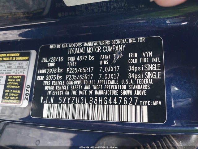 5XYZU3LB8HG447627 Hyundai gdi theta ii