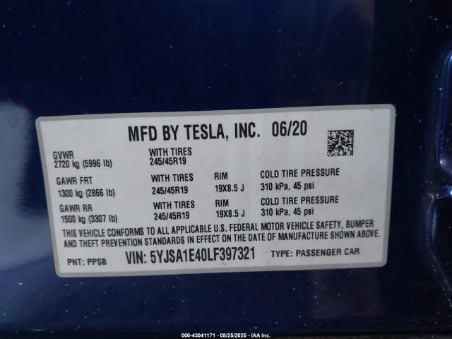 2020 TESLA MODEL S 5YJSA1E40LF397321 Photo 8
