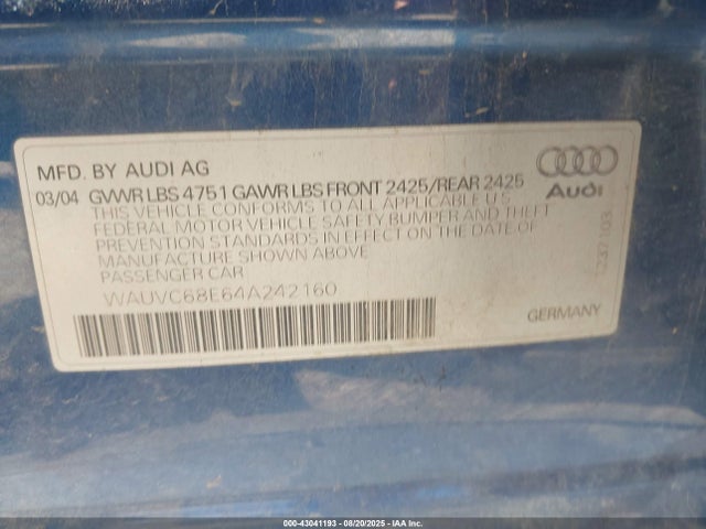 2004 AUDI A4 WAUVC68E64A242160 Photo 8