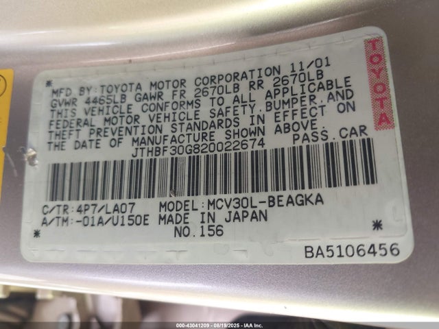 43041209 :رقم المزاد ، JTHBF30G820022674 vin ، 2002 Lexus Es 300 مزاد بيع