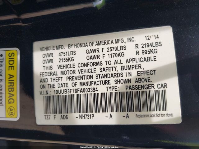 2015 ACURA TLX 19UUB3F78FA003394 Photo 8