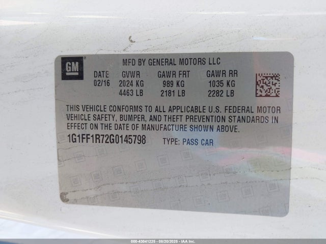 1G1FF1R72G0145798 Chevrolet lt1 - di, afm, vvt, ho, alum, gmna