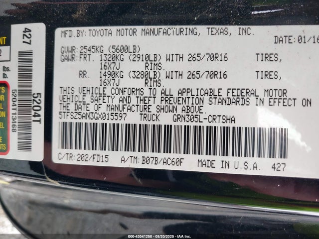 5TFSZ5AN3GX015597 Toyota 2gr-fks