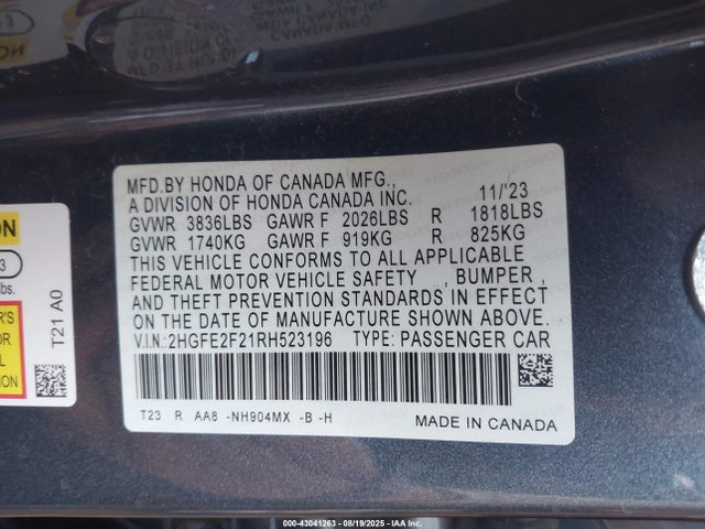 Honda k20c2 2024 2HGFE2F21RH523196 Image 9