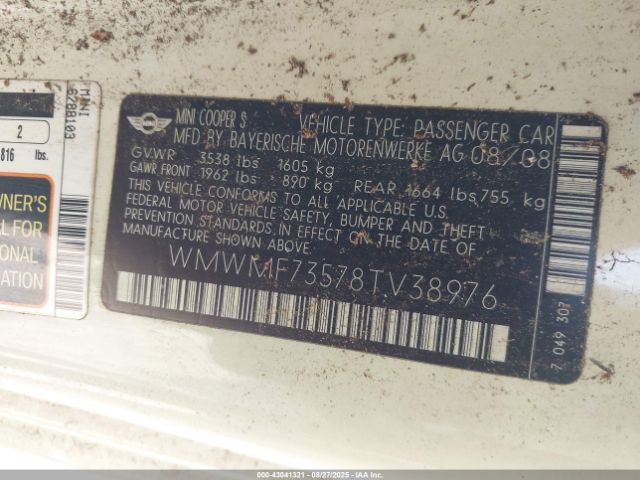 2008 MINI COOPER S WMWMF73578TV38976 Photo 8