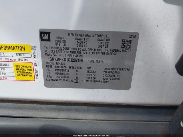 Продажа на аукционе авто 2016 Chevrolet Traverse 2lt, vin: 1GNKRHKD1GJ282156, номер лота: 43041386