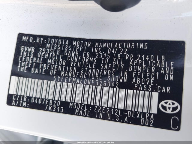 5YFEPMAE0NP326042 Toyota 2zr-fae