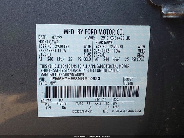 1FM5K7HW8NNA10833 Ford ti-vct