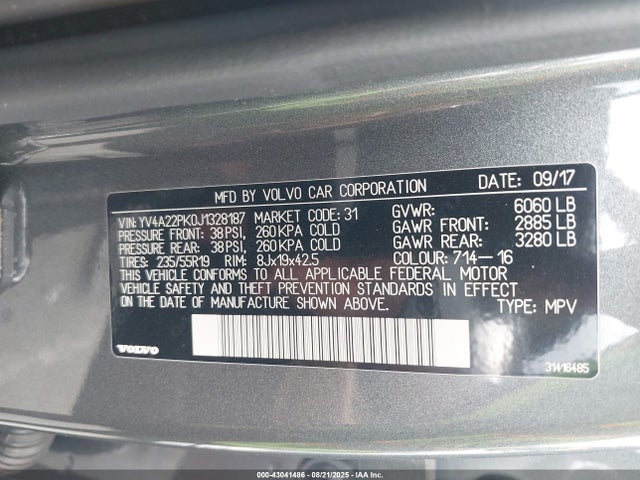 43041486 :رقم المزاد ، YV4A22PK0J1328187 vin ، 2018 Volvo Xc90 T6 Momentum مزاد بيع