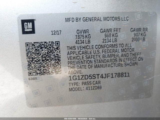 1G1ZD5ST4JF178811 Chevrolet lfv - direct injection, variable valve timing, gen 1