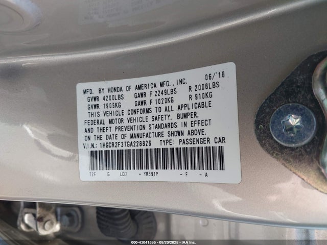 1HGCR2F37GA228826 Honda k24w1