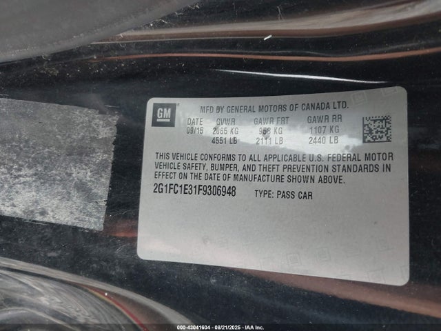 Chevrolet lfx 2015 2G1FC1E31F9306948 Image 9