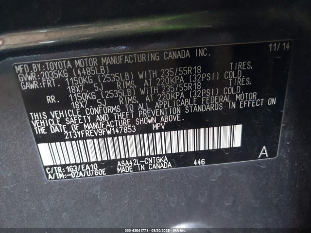 2T3YFREV9FW147853 Toyota 2ar-fe