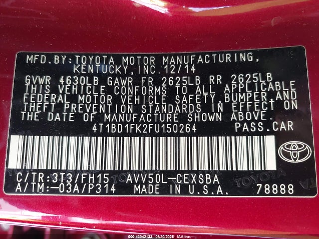4T1BD1FK2FU150264 Toyota 2ar-fxe+2jm