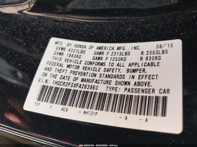 1HGCR2F5XFA263960 Honda k24w1