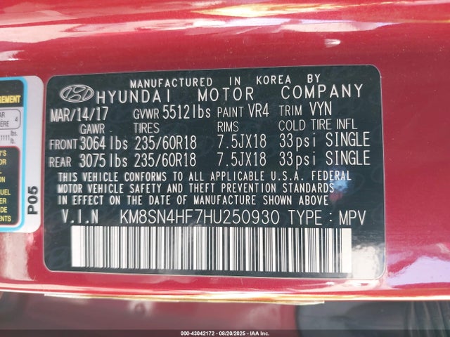 KM8SN4HF7HU250930 Hyundai gdi lambda ii