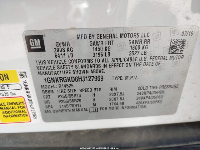 1GNKRGKD8HJ127969 Chevrolet llt - sidi: spark ignited direct injection, alum, 60 degrees