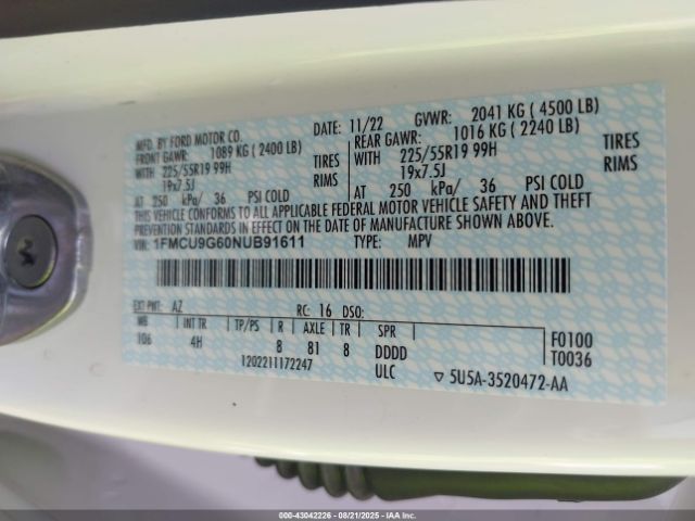 2022 FORD ESCAPE 1FMCU9G60NUB91611 Photo 8