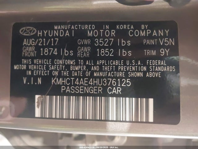 KMHCT4AE4HU376125 Hyundai Accent