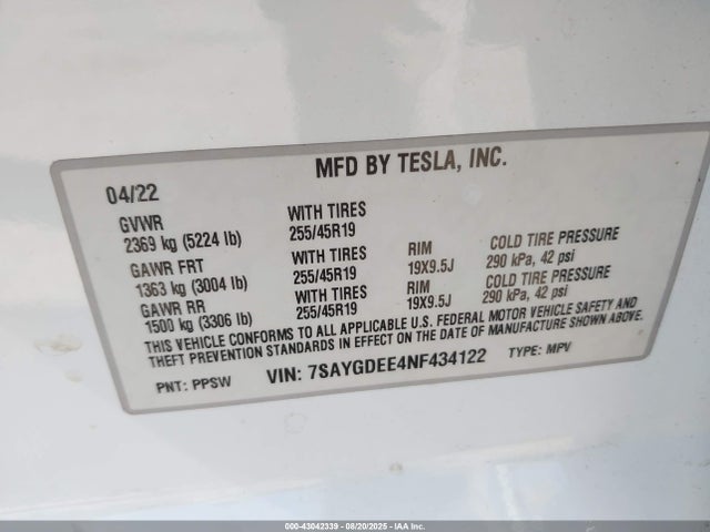 2022 TESLA MODEL Y 7SAYGDEE4NF434122 Photo 8