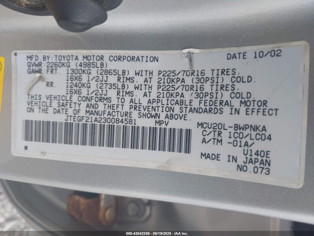 43042359 :رقم المزاد ، JTEGF21A230084581 vin ، 2003 Toyota Highlander Limited V6 مزاد بيع