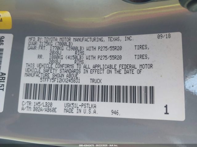 2019 TOYOTA TUNDRA 5TFFY5F12KX245831 Photo 8