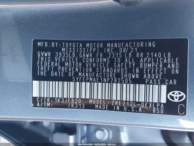 5YFEPMAE1NP282505 Toyota 2zr-fae