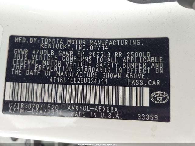Toyota 2ar-fxe+2jm 2014 4T1BD1EB2EU024311 Image 9