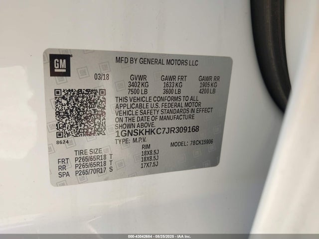 1GNSKHKC7JR309168 Chevrolet l83 - sidi: spark ignited direct injection, vvt: variable valve timing, afm, e85 max, alum