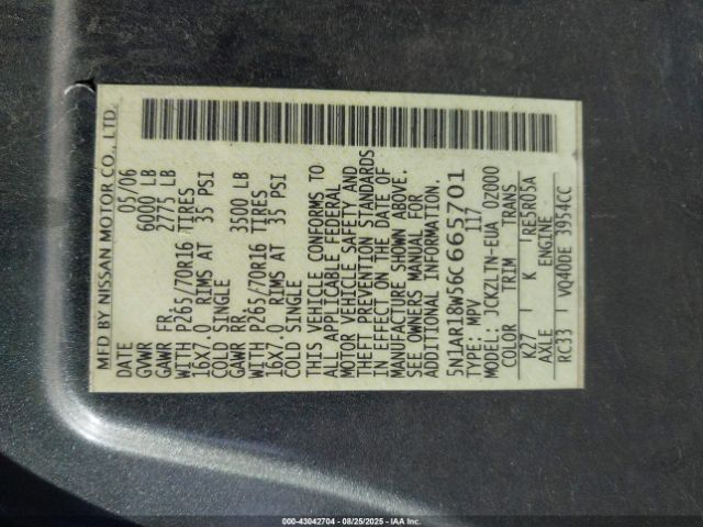 2006 NISSAN PATHFINDER 5N1AR18W56C665701 Photo 8