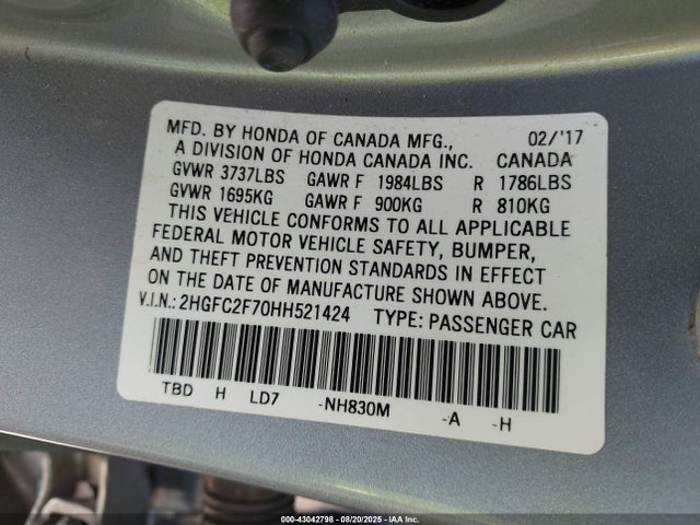 Honda k20c2 2017 2HGFC2F70HH521424 Image 9