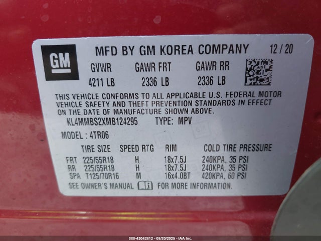 43042812 :رقم المزاد ، KL4MMBS2XMB124295 vin ، 2021 Buick Encore Gx Fwd Preferred مزاد بيع
