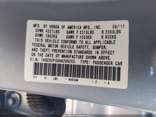 1HGCR2F56HA289250 Honda k24w1