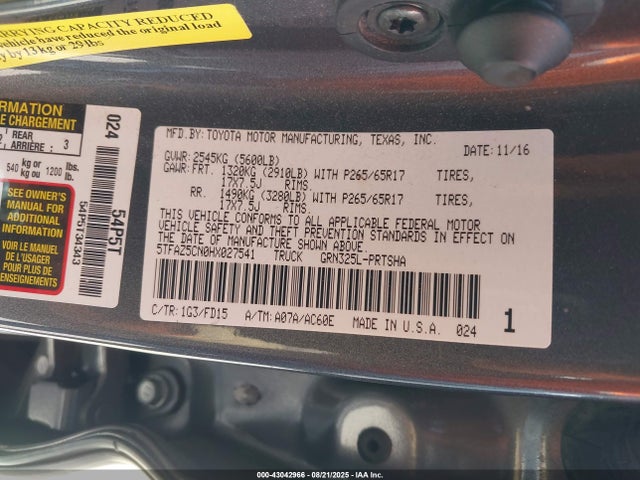 5TFAZ5CN0HX027541 Toyota 2gr-fks