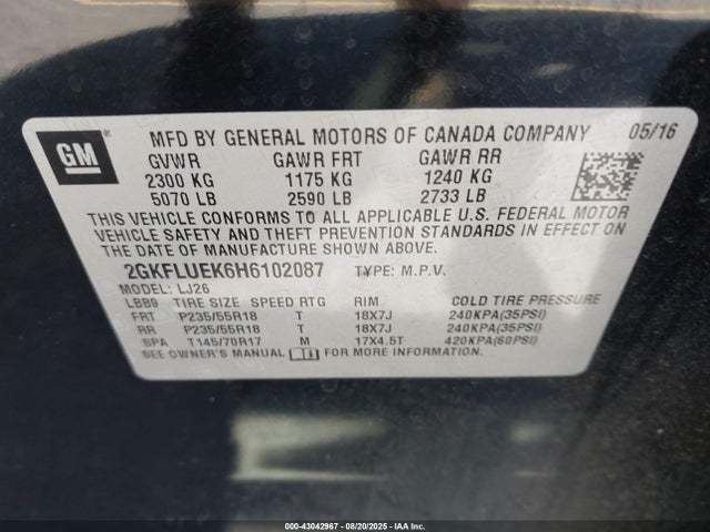2GKFLUEK6H6102087 GMC lea - sidi: spark ignited direct injection, e85 max, alum