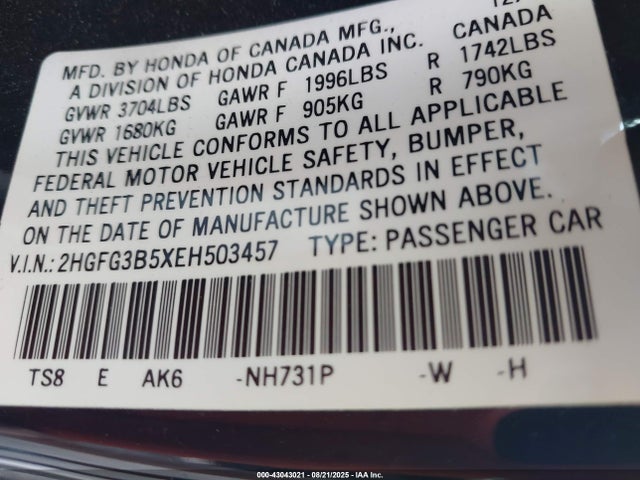 2HGFG3B5XEH503457 Honda r18z1