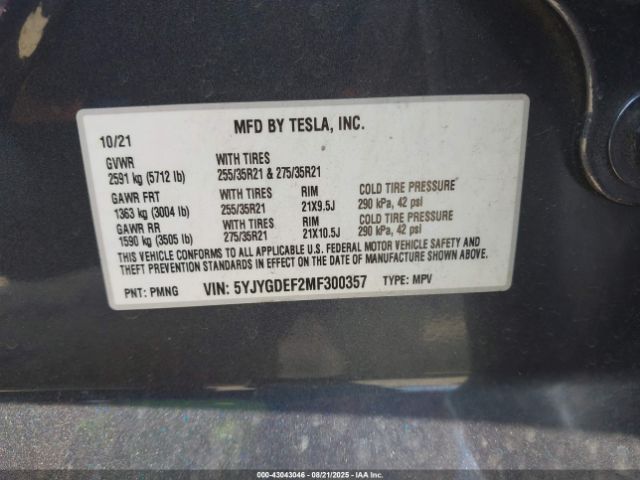 2021 TESLA MODEL Y 5YJYGDEF2MF300357 Photo 8