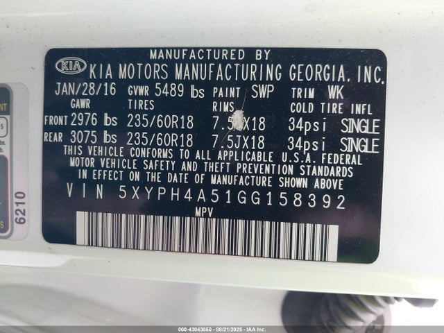 5XYPH4A51GG158392 KIA dohc gdi lambda ii