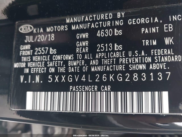 2019 Kia Optima Sx Turbo მანქანა იყიდება აუქციონზე, vin: 5XXGV4L26KG283137, აუქციონის ნომერი: 43043054