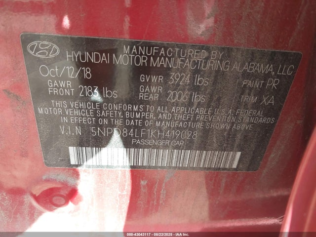 5NPD84LF1KH419028 Hyundai mpi nu