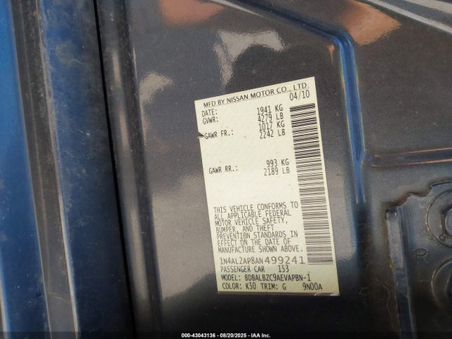Продажа на аукционе авто 2010 Nissan Altima 2.5 S, vin: 1N4AL2AP8AN499241, номер лота: 43043136