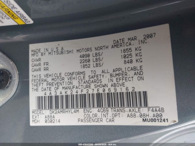 2007 MITSUBISHI ECLIPSE 4A3AK24F27E069162 Photo 8