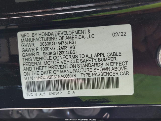 1HGCV2F31NA006078 Honda k20c4